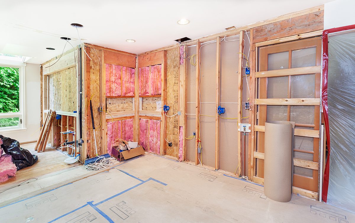 a room in a home being remodeled, with the electrical wiring being installed